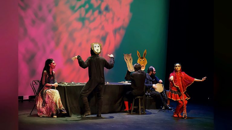 Masked performers in the theatre production Khale Sooske, Tirgan Nowruz Festival 2018